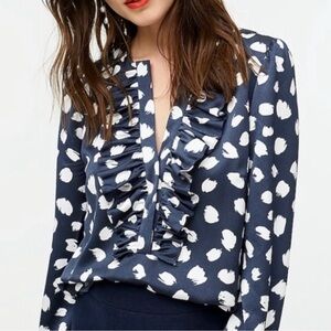 J. Crew Navy and White Polka Dot Ruffle Blouse